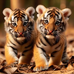 Obraz premium two cute tiny little small wild bengal tiger or panthera tigris bold cubs face expression without mothe on safari track roaming in forest at bandhavgarh national park reserve madhya pradesh india asi
