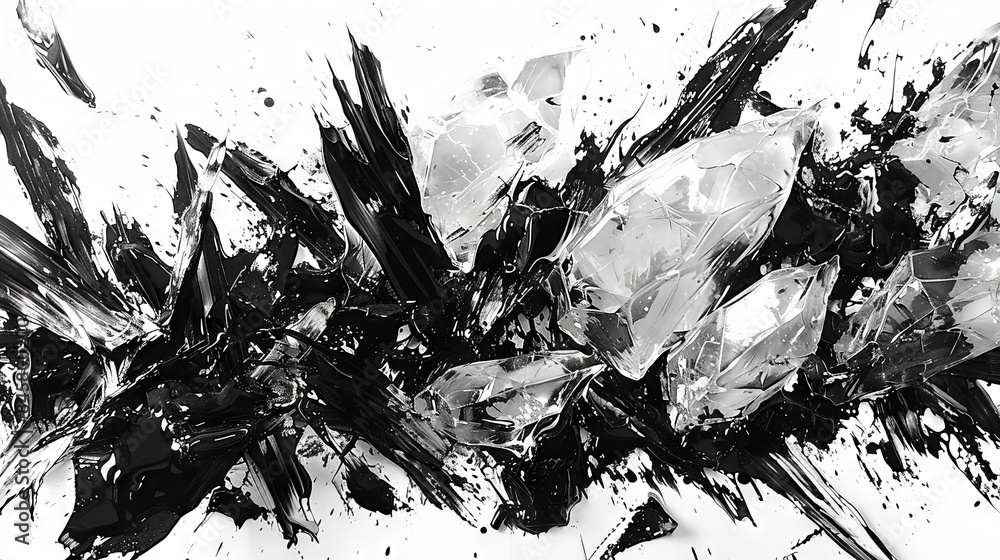 Poster black and white abstract with chaotic strokes and sharp geometric shapes, dynamic and expressive 