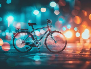 Fototapeta premium Bicycle in mysterious, high-contrast night scene with cool tones, captured with telephoto lens.