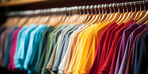 Vibrant T-shirts Displayed on Store Hanger with Blurred Background. Concept Fashion Retail Display, Vibrant T-shirts, Store Hanger, Blurred Background