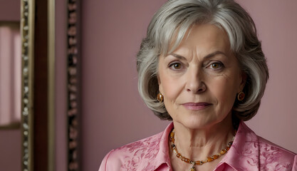 Allie, a 60 year old woman, caucasian, silver hair, amber eyes, wearing pink blouse.