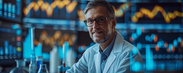 Senior scientist with financial analysis charts