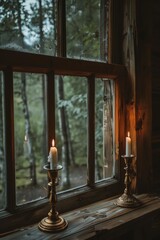 Vintage cabin interior: rustic table with lit candlesticks, warm light, forest scenery outside.