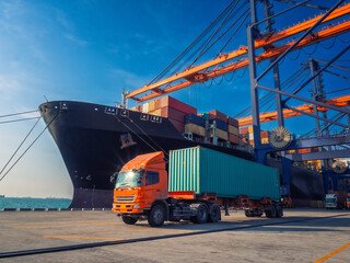 The container vessel during discharging at an industrial port and move containers