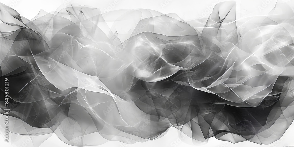 Poster black and white abstract composition with smooth, wavy lines and translucent forms, movement and lig