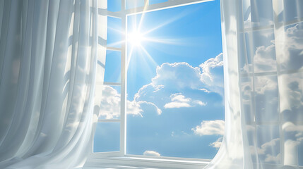 white window open with blue sky and white clouds