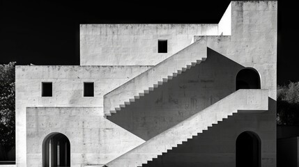 concrete staircase Black and white leading up into the foggy unknown. dark and mysterious atmosphere.
