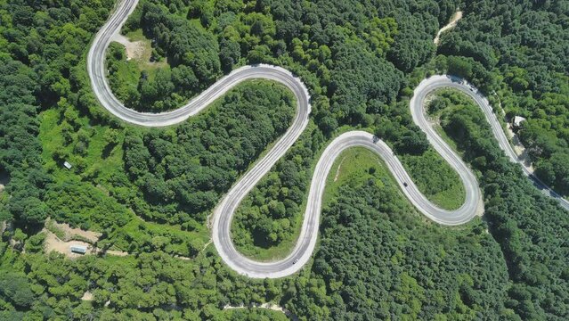 Aerial view of winding asphalt mountain road among green trees in summer.