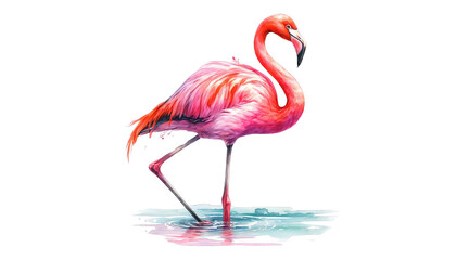 Watercolor Flamingo Standing in Water Isolated on White Background, Png File