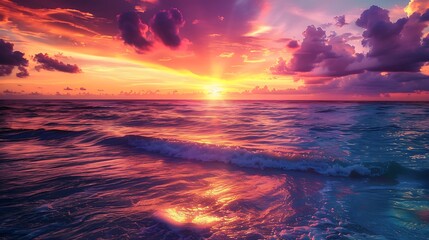 A large, panoramic canvas print of a sunset over the ocean, with vibrant hues of orange and purple reflecting on the water, creating a peaceful and captivating scene