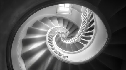 Fototapeta premium Spiral staircase, top view, done in black and white, with light source at the top
