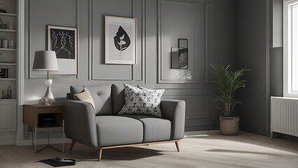 Beautiful living room interior with grey wall