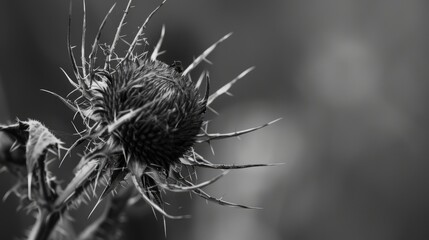 Close up image of a dried thistle captured in monochrome