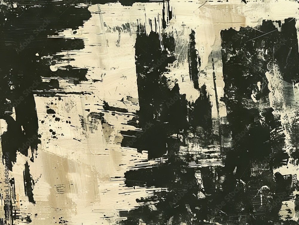 Poster an abstract painting with rough black and beige brushstrokes creating a chaotic and textured composi
