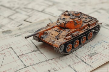 Fototapeta premium Small orange tank model on schematic plans