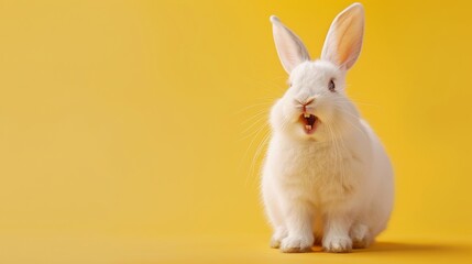 Obraz premium cute animal pet rabbit or bunny white color smiling and laughing isolated with copy space for easter background, rabbit, animal, pet, cute, fur, ear, mammal, background, celebration