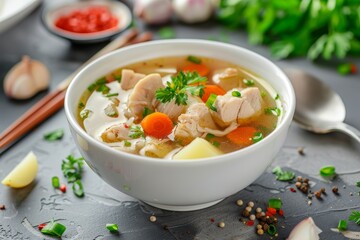Chicken soup with vegetables in white bowl Asian cuisine