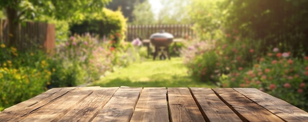 Scenic summer backyard garden, BBQ grill and wooden table , blurred nature background