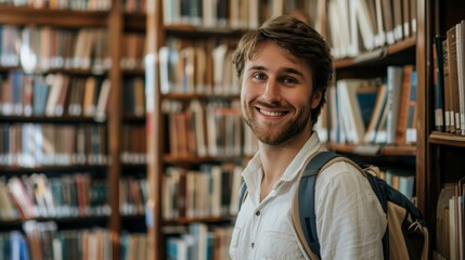 Fototapeta premium Handsome Smile student man with backpack and books in library, education, university, cheerful, college, happy, standing, school, backpack, attractive, enjoyment, confidence