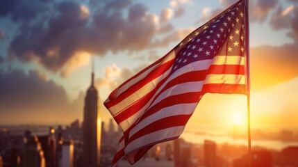 Obraz premium US national flag and New York City skyline at sunset.