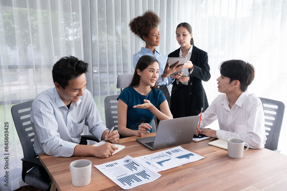 Poster multiracial analyst team use bi dashboard data to analyze financial report on meeting table. group o