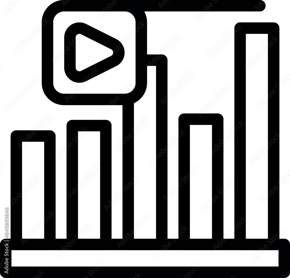 Poster line art icon of growing bar graph with play button representing video marketing