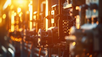 Fototapeta premium Sunlight hitting low voltage switchgear top view in a power plant with blurred background digital