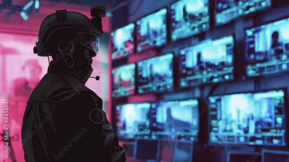 Aufkleber side view of guard monitoring security cctv cameras wide banner hud ui advanced surveillance protect