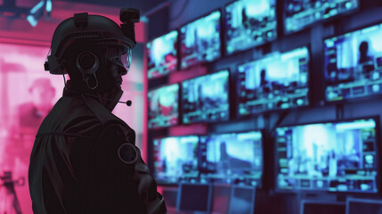 Side view of guard monitoring security CCTV cameras wide banner HUD UI advanced surveillance protection system recording tape archive online network IP connection cybernetic