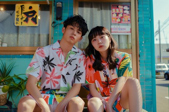 Young Japanese couple posing in summer clothes sitting in front of a konbini