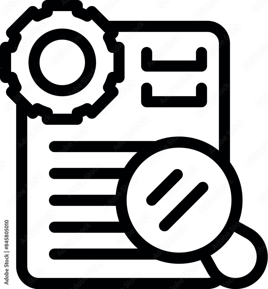 Poster magnifying glass is inspecting a document, with a gear symbolizing the process of project management