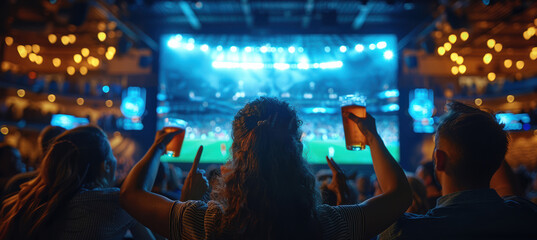 Cheering Fans Watching Soccer on Big Screen TV