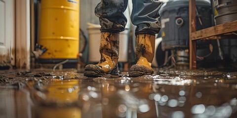 Repairing Water-Damaged Electrical Room After Snowmelt or Burst Pipe Incident. Concept Water Damage Restoration, Electrical Room Repairs, Snowmelt Incident, Burst Pipe, Professional Repairs