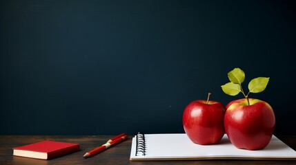 Teacher's desk with writing materials, an open book, a red apple, and ample copy space for text or background, ideal for a school theme.

