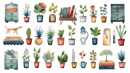 Watercolor illustration of school supplies isolated on white background - hand drawn kids' art featuring backpack, books, pencils, and ruler

