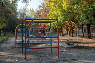 A vibrant children's playground structure stands empty amidst the peace of an autumn park scene