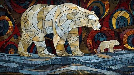 Beautiful stained-glass artwork of polar bears walking, set against a vibrant abstract background, capturing the essence of nature and artistry.

