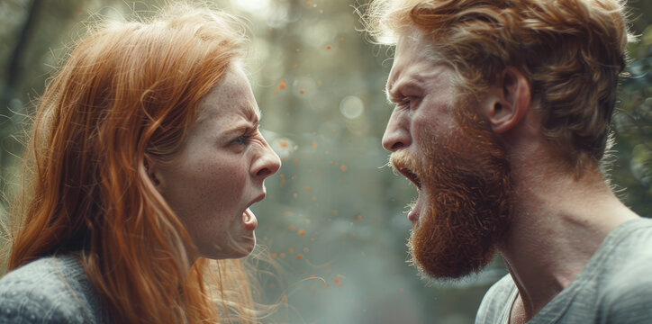 Young couple in love, spouses swear and argue while standing on the street, angry and emotional quarrel.
