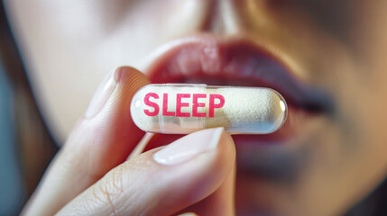 A woman holds in her hand a capsule with medicine on which the word “Sleep” is written, close-up.