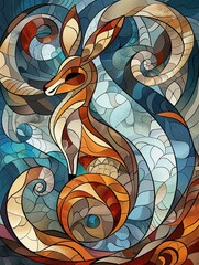 Colorful stained-glass artwork of a kangaroo surrounded by swirling patterns and vibrant hues, showcasing intricate details and artistry.

