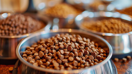 Fototapeta premium Several metal bowls filled with dry food in the form of brown round granules for dogs or cats. Feeding and caring for domestic animals.