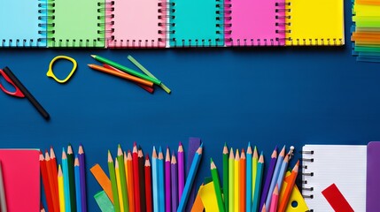 Vibrant back-to-school essentials: assorted supplies set against colorful notebook texture

