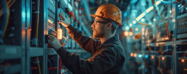 Engineer checking electric current voltage front view holding AC voltmeter at circuit breaker terminal cable wiring main power distribution board scifi