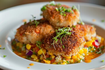 Fototapeta premium Crab cakes with corn relish and sauce