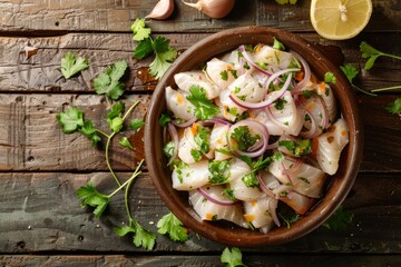 Chilean ceviche with Ray s bream fish onion garlic cilantro lemon juice photographed on dark wood with natural light