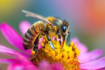 closeup of honey bee collecting pollen from colorful flower macro photography