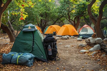 A well-equipped campsite with a green tent, backpack and sleeping bag amidst fruit trees