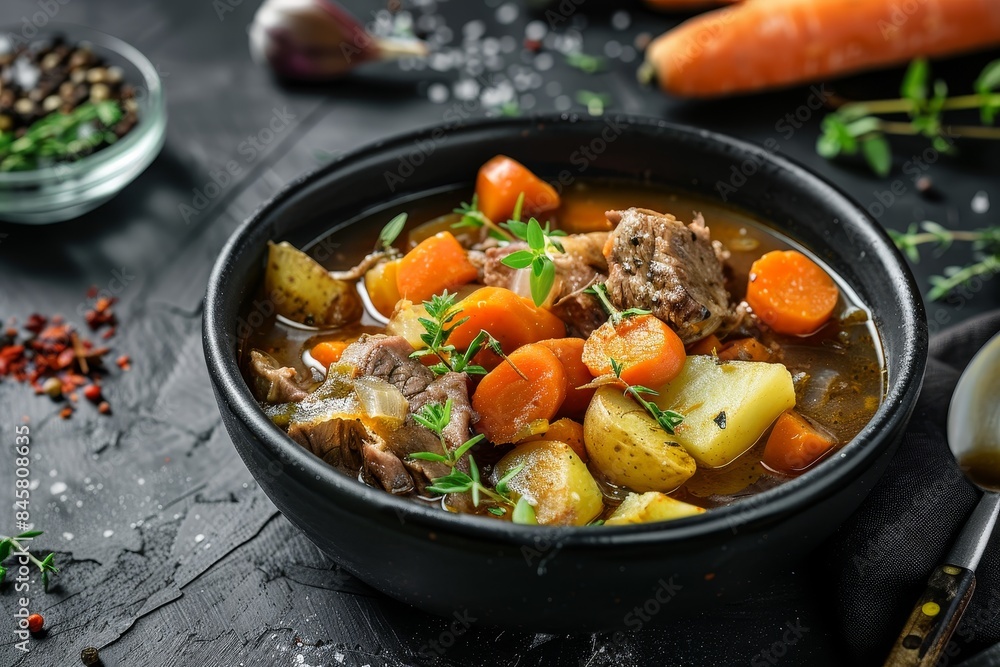 Poster classic irish stew in black dish on dark backdrop lamb potatoes onions carrots and thyme iconic st p