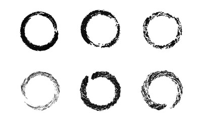 set of circle frames, hand drawn shapes with charcoal texture. Vector. isolated