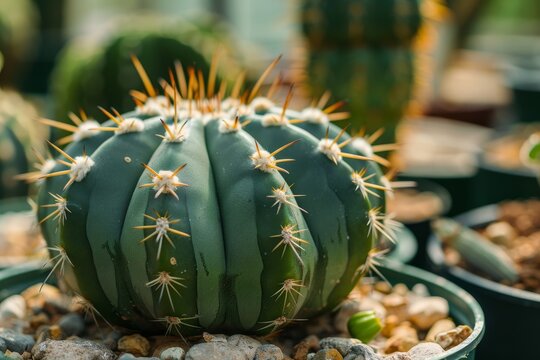 Close up of Astrophytum asterias cactus in greenhouse with gardening tools Stylish cactus collection on green background